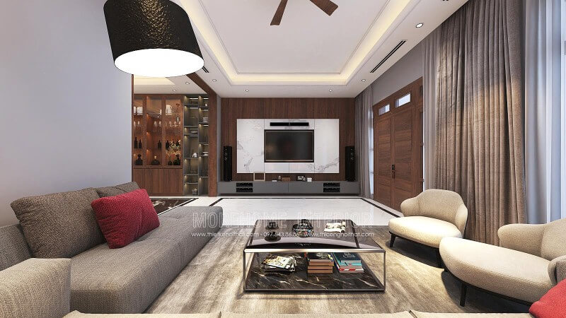 Trang trí tường phòng khách đẹp với điểm nhấn từ đá trắng vân mây kết hợp cùng gỗ ốp tường cao cấp. Mẫu nội thất biệt thự đẹp