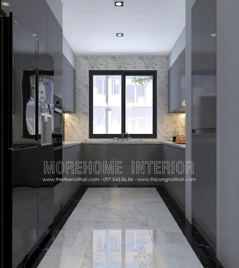 Thiết kế phòng bếp với tủ bếp hình chữ U màu xám là một ý tưởng sử dụng tối đa diện tích và có thể lưu trữ những vật dụng phát sinh cần thiết trong sinh hoạt gia đình phù hợp với mọi không gian hiện đại từ chung cư, nhà phố, biệt thự. Thiết kế tủ bếp biệt thự sang trọng