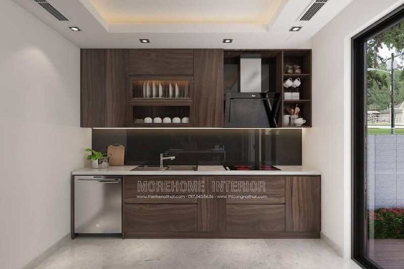 Mẫu tủ bếp gỗ công nghiệp laminate tối màu đẹp, sang trọng cho không gian bếp hiện đại. Thiết kế tủ bếp biệt thự sang trọng