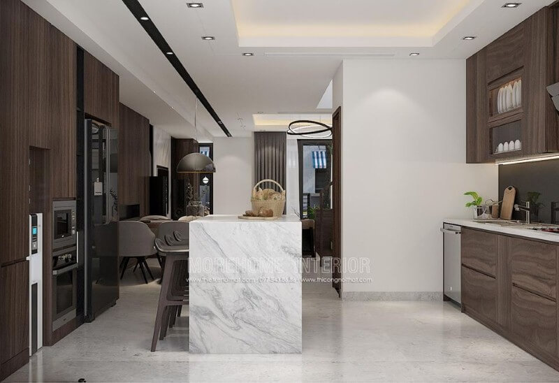 Tủ bếp đảo hiện đại, đẹp ấn tượng cho không gian bếp nhà phố, nhà liền kề, biệt thự. Thiết kế tủ bếp biệt thự sang trọng