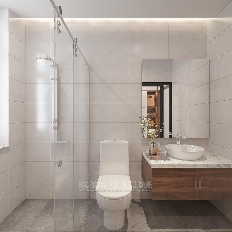 Lựa chọn kết hợp thiết kế nhà tắm và nhà vệ sinh là cách hữu ích để tối đa hóa diện tích sử dụng cùng với việc đảm bảo công năng. Phòng tắm vách tắm kính cửa trượt kết hợp với phòng vệ sinh sẽ mang lại vẻ đẹp sang trọng, độc đáo.