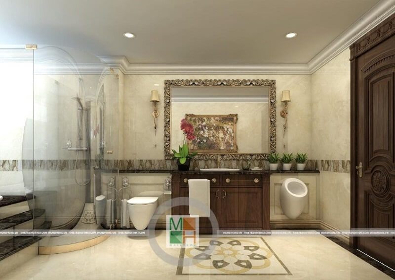 Phòng tắm chung cư cao cấp được thiết kế với nội thất trang trí bắt mắt kết hợp với các thiết bị vệ sinh và vách tắm kính cao cấp.