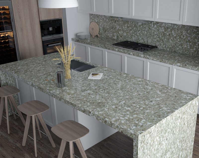 Bàn ăn mặt đá nhân tạo có thể uốn cong theo ý muốn mà không gây ra vết nối, tạo nên một thể thống nhất với đường vân đẹp, góp phần tăng thêm tính thẩm mỹ cho không gian phòng bếp.