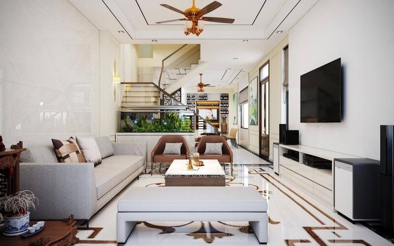Gia chủ đã lựa chọn phong cách đơn giản, thoáng rộng bằng cách sử dụng mẫu gạch ốp sàn hoa văn và đá ốp tường hiện đại.